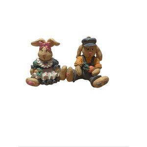Vintage 1990s Sitting Pretty Bunny Hand Painted Ceramic Figurine Set of 2